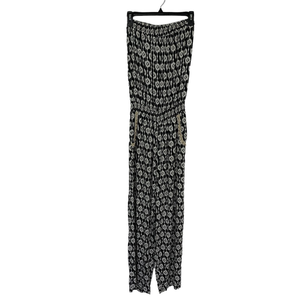 Skemo Gray White Ikat Strapless Jumpsuit Shell Trim Boho Stretch Waist Large - Picture 1 of 7
